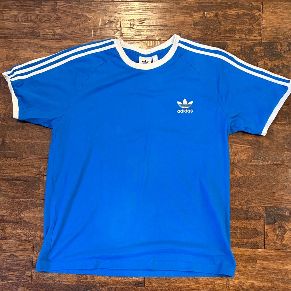 adidas Blue Short Sleeve Trefoil Stripe Tee with White Trim